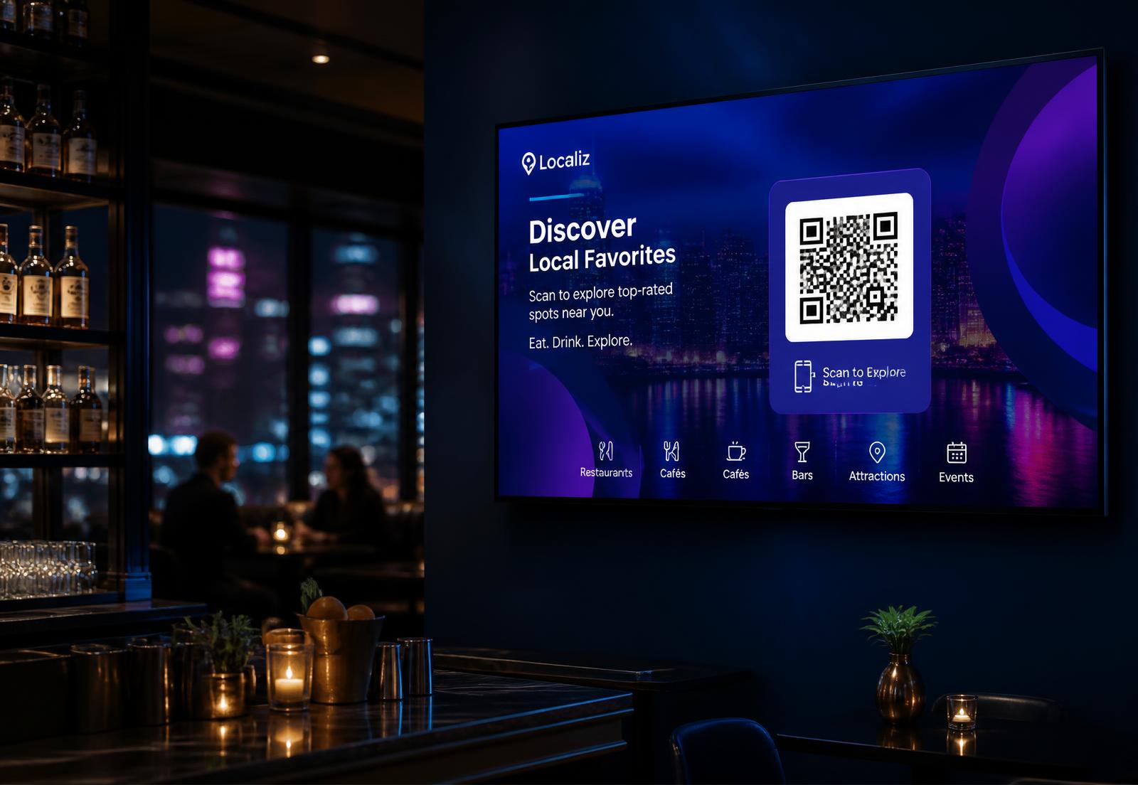 A wall-mounted screen in a bar displaying a Scoupes local discovery board with a QR code